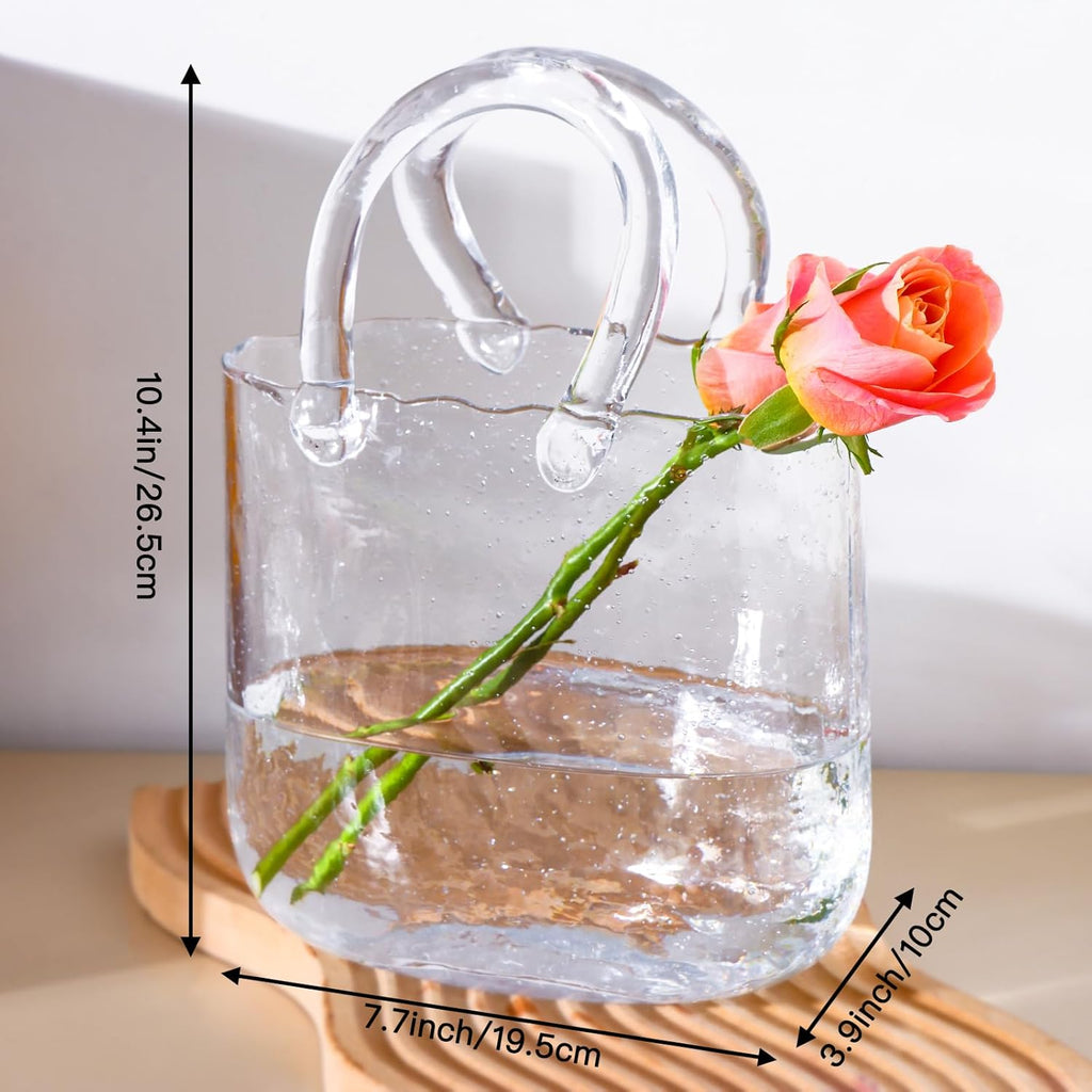 Glass Purse Vase for Flowers, Clear Bag Vases with Handle, Unique Cute Handbag Shape Decorative Flower Vases with Fish Bowl for Centerpieces Home Table Shelf Decor Birthday