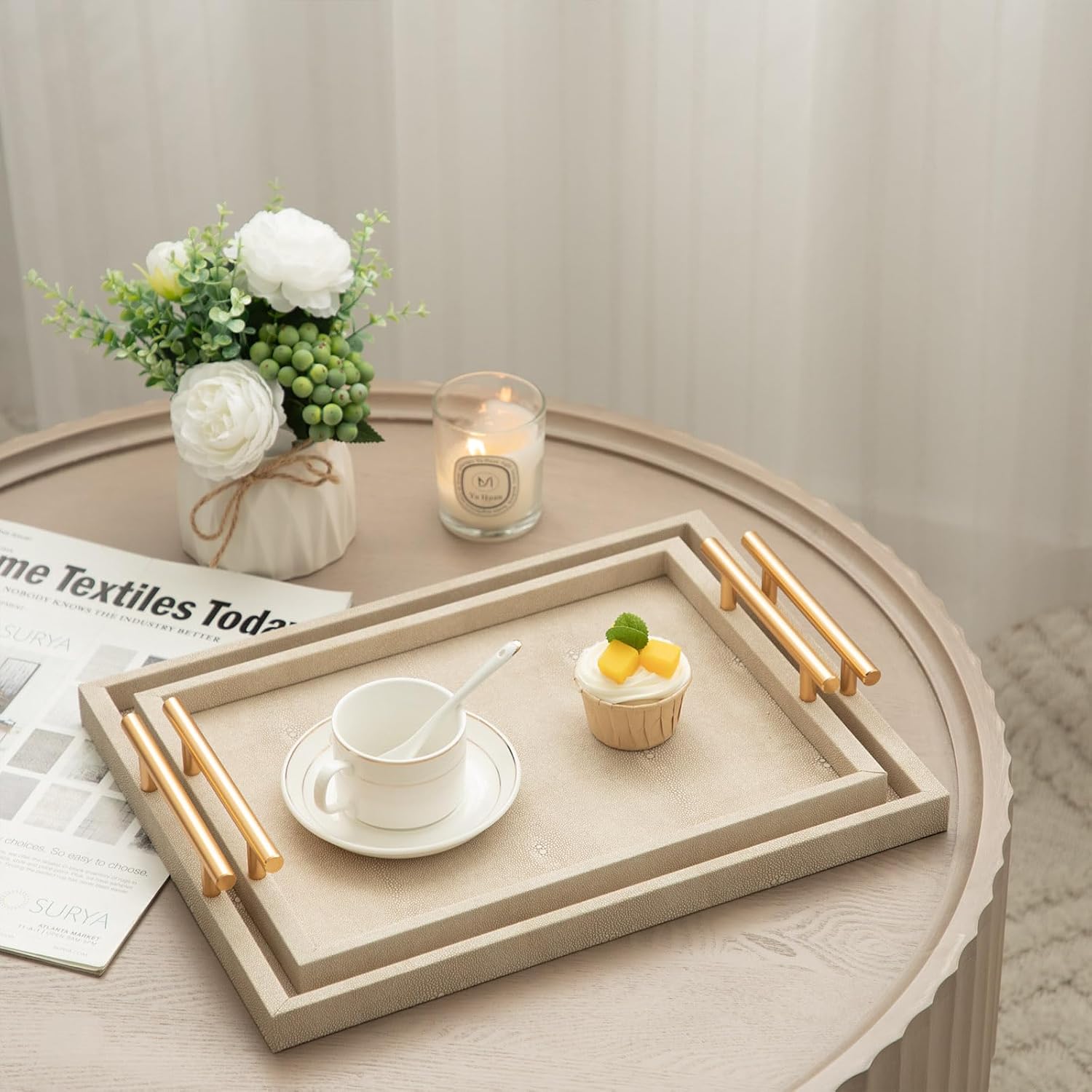 Modern Decorative Tray Set of 2 Ivory Shagreen Leather and Wood Serving Tray with Gold Polished Metal Handles for Ottoman, Coffee Table, Bathroom and More