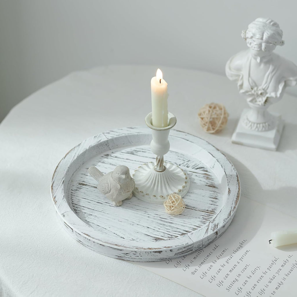 Candle Plate Holder Tray: Round White Wood Decorative Tray Decor - Rustic Farmhouse CoffeeTable Decor - Tealight Pillar Trays for Home Decor