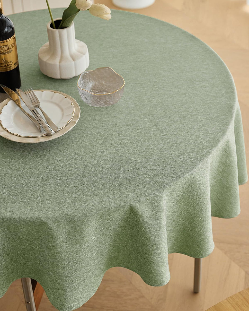 Decorelia Faux Linen Round Tablecloths 60 inch, Waterproof Decorative Washable Texture Rustic Circle Table Cloth Cover for Dining Kitchen Party Farmhouse Outdoor(Round (2-4 Seats),Sage Green)