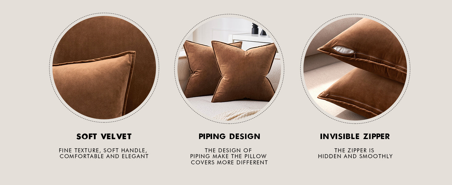 MIULEE Brown Velvet Throw Pillow Covers 20x20 Soft Decorative Solid Square Cushion Cases Pack of 2 Modern Luxury Home Decor for Couch, Sofa, Bedroom