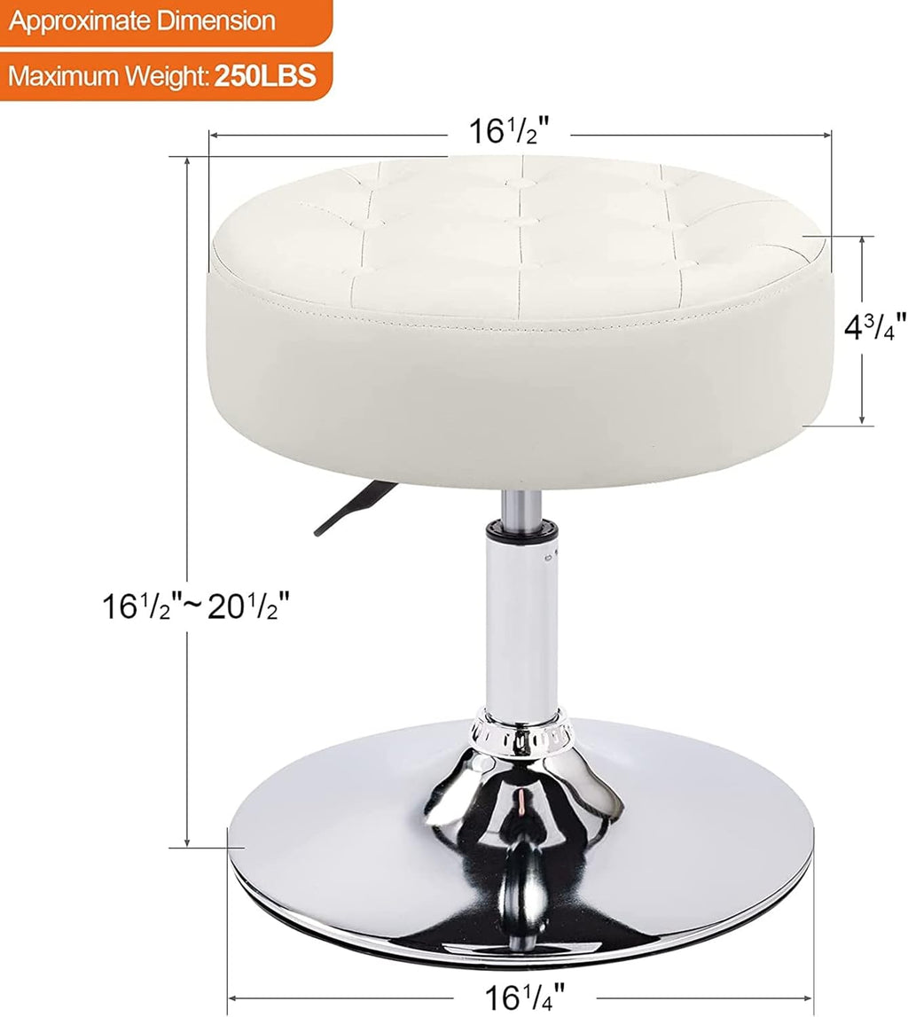 Mid-Century Tufted Adjustable Swivel Makeup Ottoman Stool; Modern Big Size Round Vanity Stool Chair for Bedroom Living Room (White)