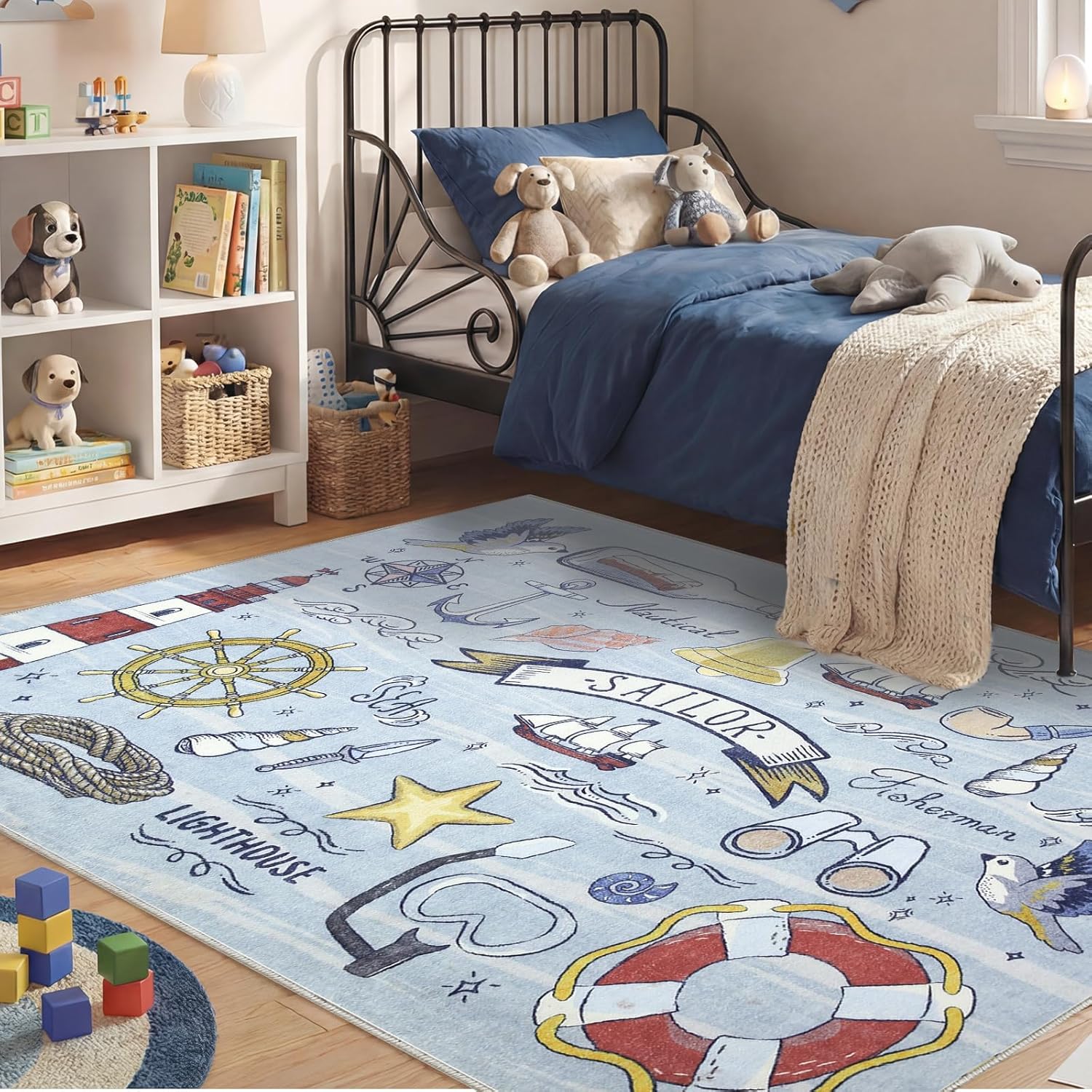 Soft Area Rugs 5x7, 5x7 Washable Rug with Non Slip Backing, 5 x 7 Faux Cashmere Low-Pile Carpet, Navy Blue & Gold