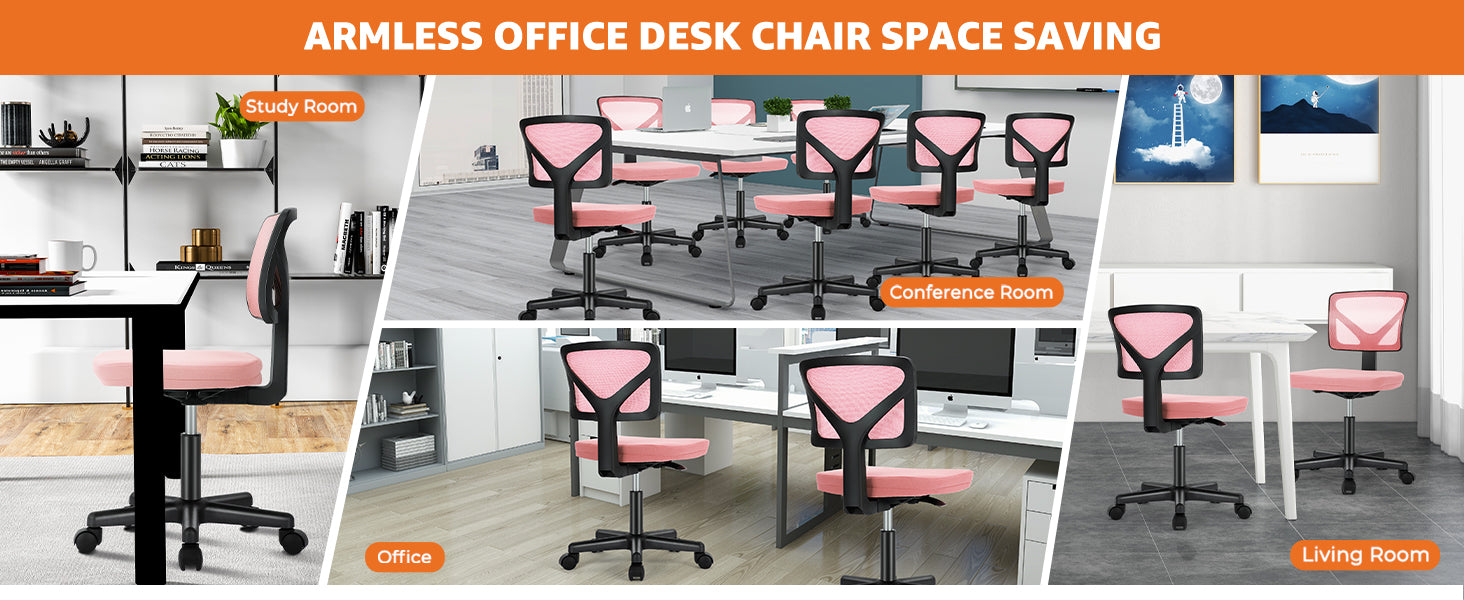 Small Desk Chair, Ergonomic Low-Back Mesh Rolling Work Swivel Chairs with Wheels, Armless Comfortable Seat Lumbar Support for Home, Bedroom, Study, Student, Adults,Classic Pink