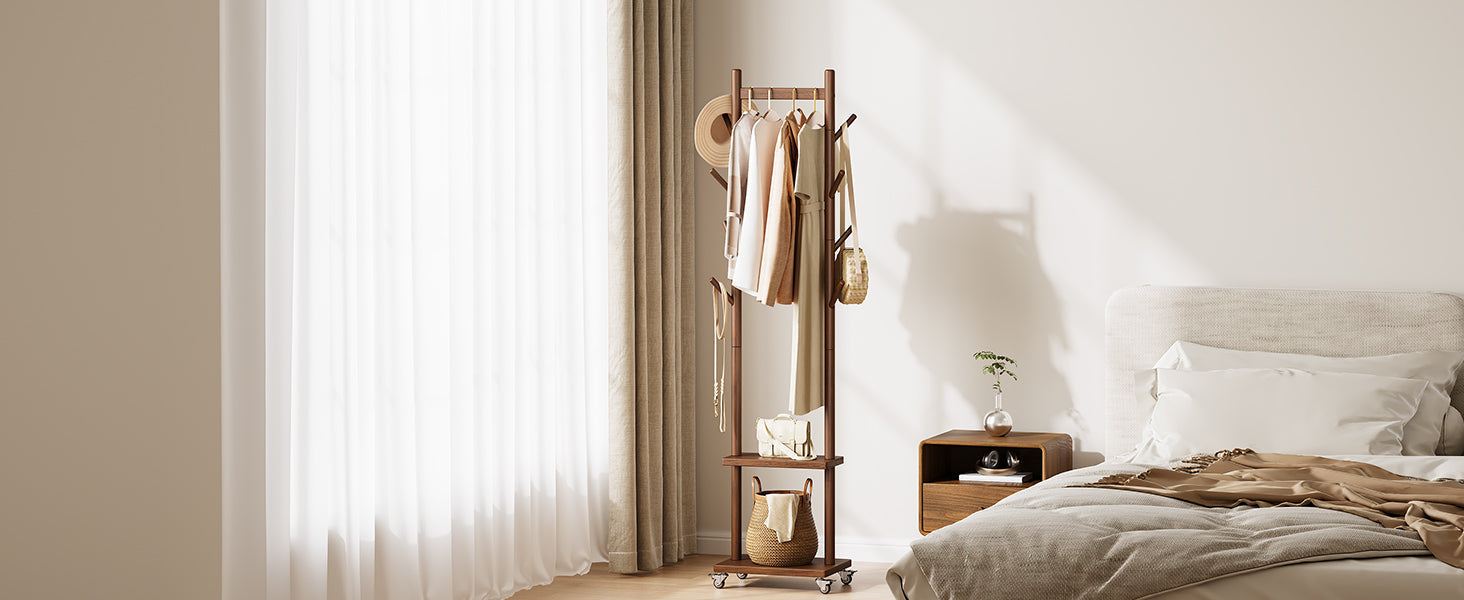 Solid Wood Coat Rack Freestanding - Rolling Clothes Rack with 8 Hooks & Shelves, Small Clothing Rack with Wheels, Heavy Duty Clothing Racks for Hanging Clothes, Portable Hall Tree for Entryway