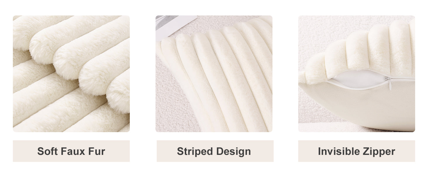 Pallene Faux Fur Plush Throw Pillow Covers 18x18 Set of 2, Luxury Soft Fluffy Striped Decorative Pillow Covers for Sofa, Couch, Living Room, Cream White