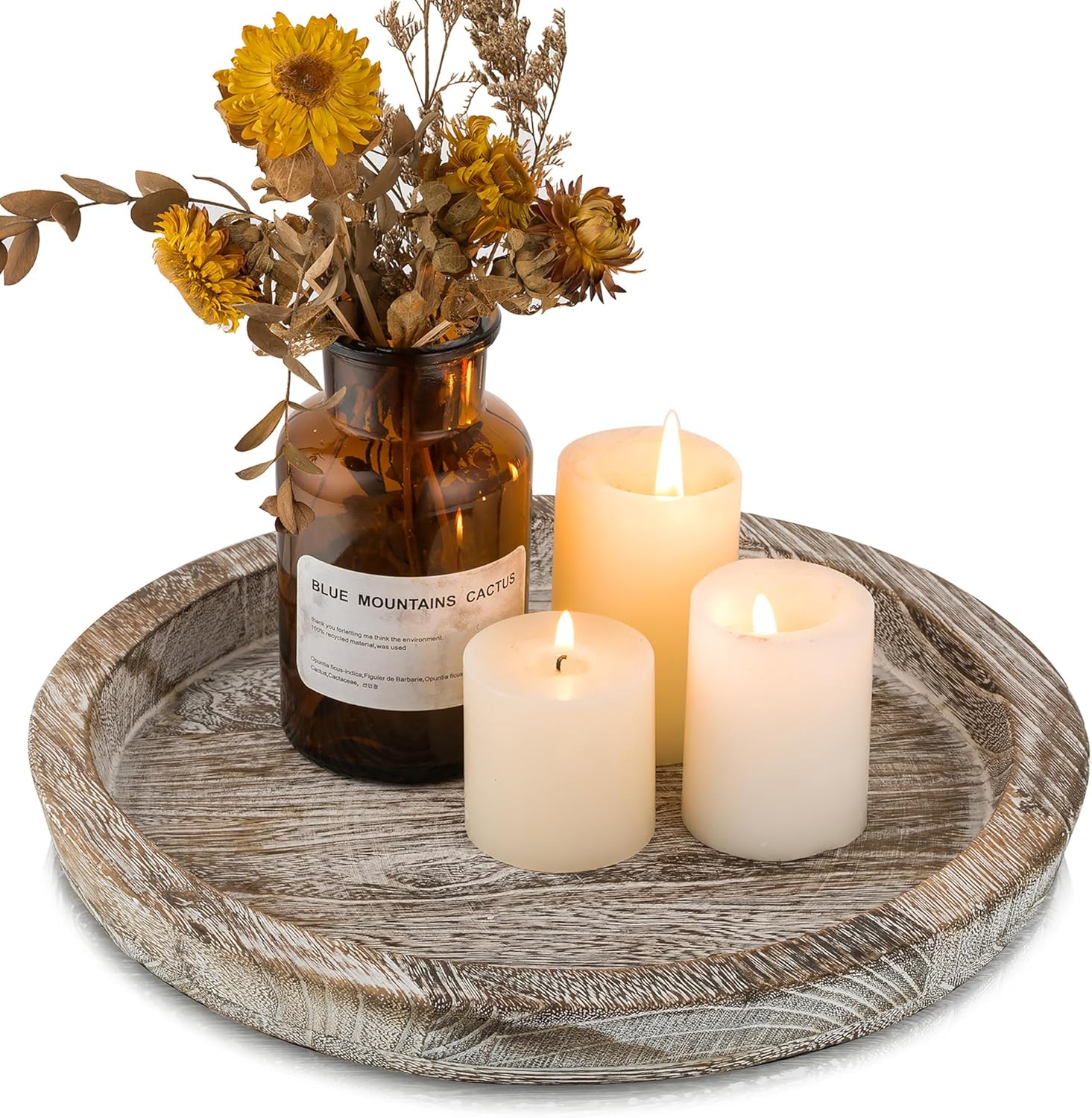 Candle Plate Holder Tray: Round Wood Decorative Candle Plate - Rustic Farmhouse CoffeeTable Decor - Tealight Pillar Trays for Home Decor (Distressed)