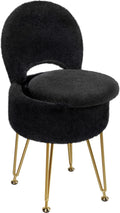 Small Vanity Stool Chair with Storage and Folding Back, 13" x 13" x 17.7" Faux Fur Soft Ottoman for Teenager, 4 Metal Legs with Anti-Slip Feet, Furry Padded Seat for Makeup, Bedroom, White