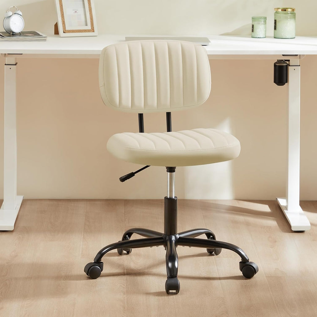 Small Office Desk Chair - Armless PU Leather with Comfy Lumbar Support, Height Adjustable Rolling Swivel Task for No Arms, for Adult, Student, Bedroom, Home, Vanity, Beige White