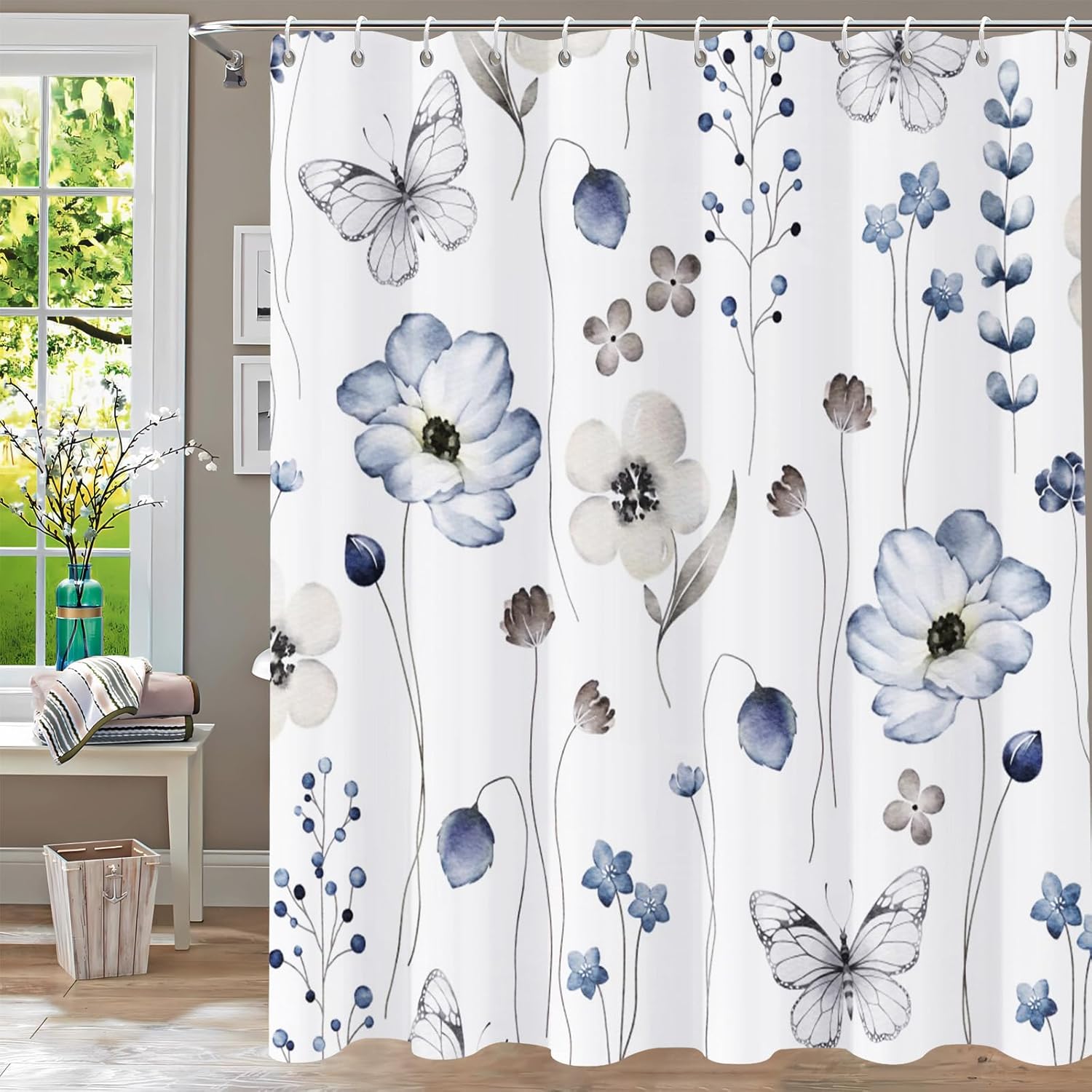 Shower Curtain Blue Eucalyptus Shower Curtains for Bathroom, Watercolor Leaf Shower Curtain Sets Waterproof Plant Shower Curtain Leaves Fabric Cloth Bathroom Curtains 72x72 inch with Hooks