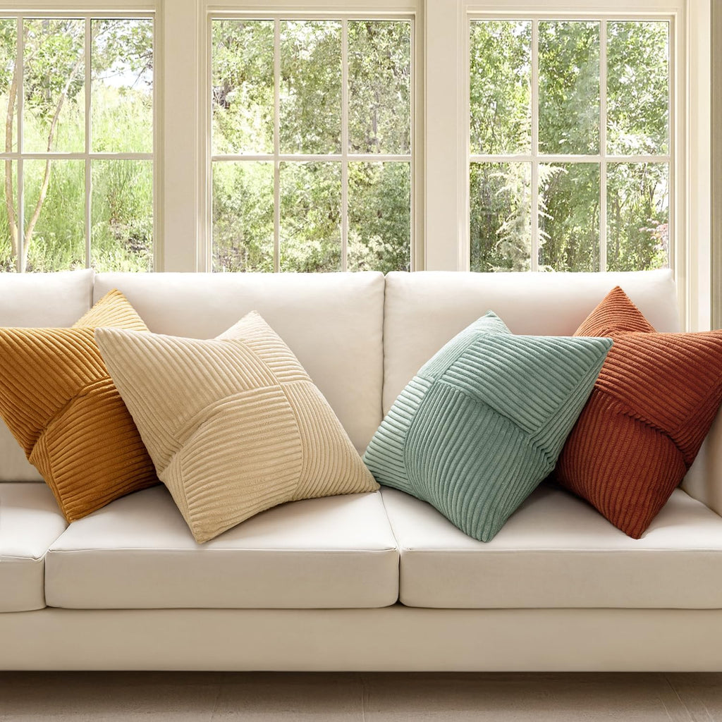 Teal Orange Decorative Throw Pillow Covers 18x18 Inch Set of 4 Boho Corduroy Striped Cushion Cases Modern Farmhouse Patchwork Pillow Cases for Couch Sofa Bedroom Home Decor