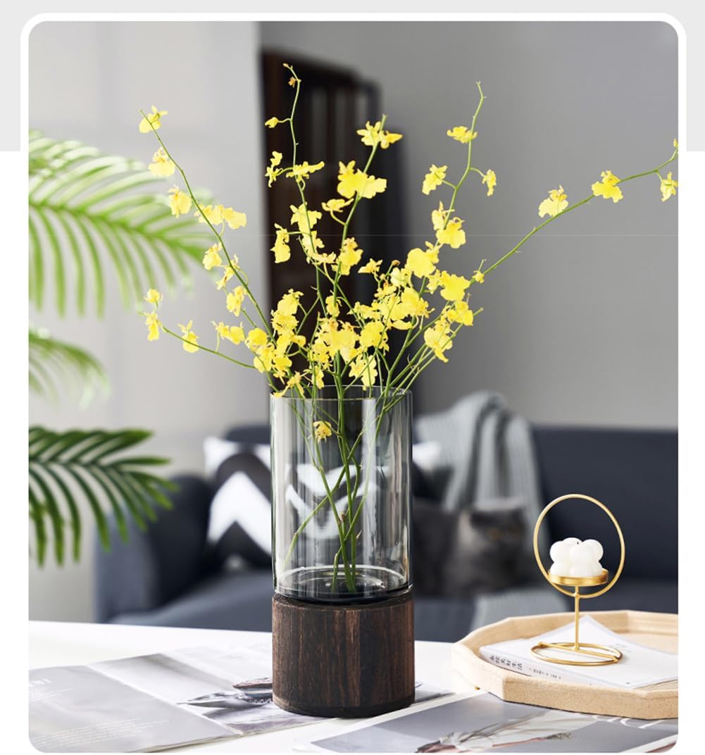 Wood Glass Vase, 10" H, Wooden Base Cylindrical Flower Vase, Classic Boho Rustic Style for Fireplace Bedroom Kitchen Living Room Centerpieces Office Desk
