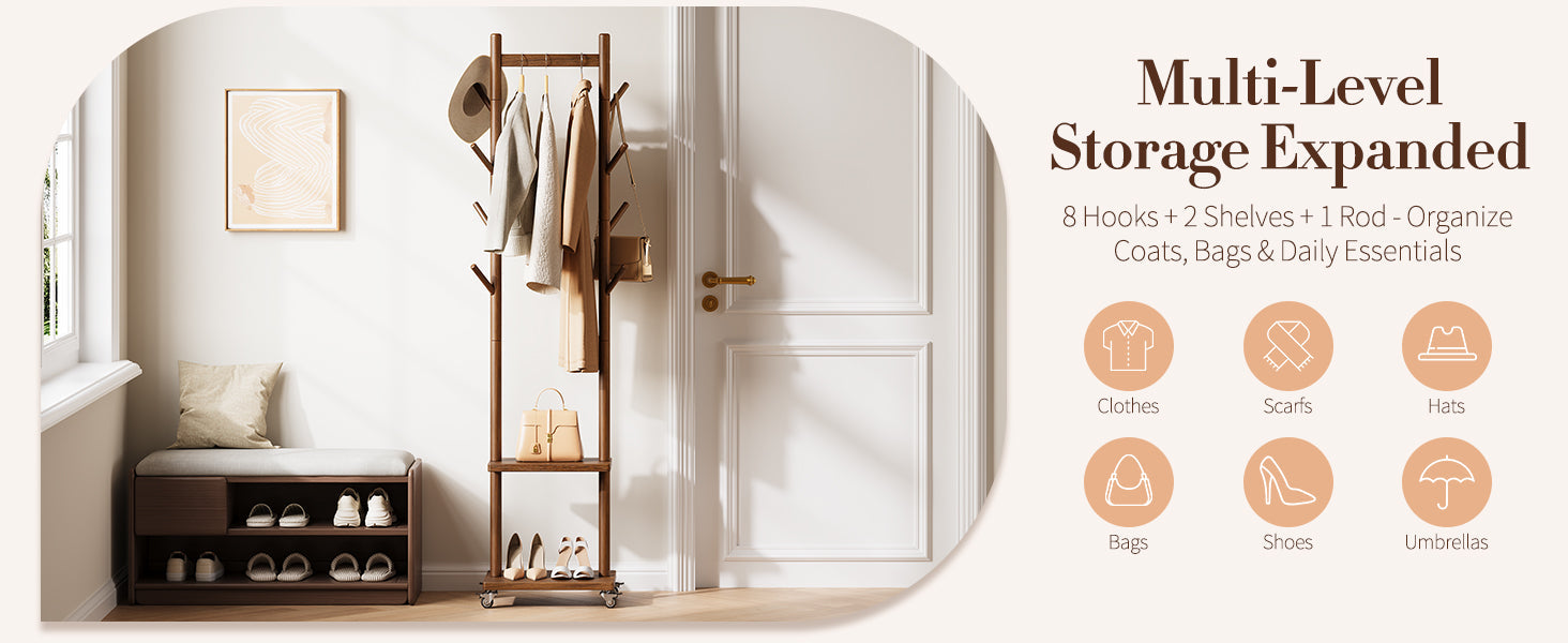 Solid Wood Coat Rack Freestanding - Rolling Clothes Rack with 8 Hooks & Shelves, Small Clothing Rack with Wheels, Heavy Duty Clothing Racks for Hanging Clothes, Portable Hall Tree for Entryway