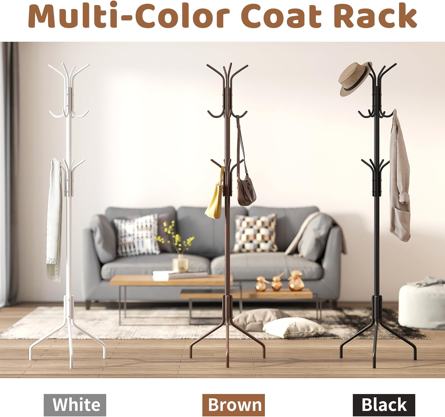 Coat Rack Freestanding Coat Tree Standing Coat and Hat Hanger Jacket Organizer Rack Metal,18.3" L x 18.3" W x 71.5" H, Black