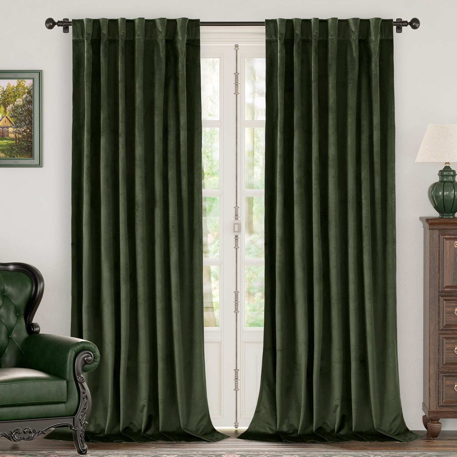 Green Velvet Curtains 84 Inch Length, Thermal Insulated Blackout Curtains Room Darkening Drapes with Back Tab and Rod Pocket for Living Room/French Door, Set of 2 Panels, 52 x 84 Inch